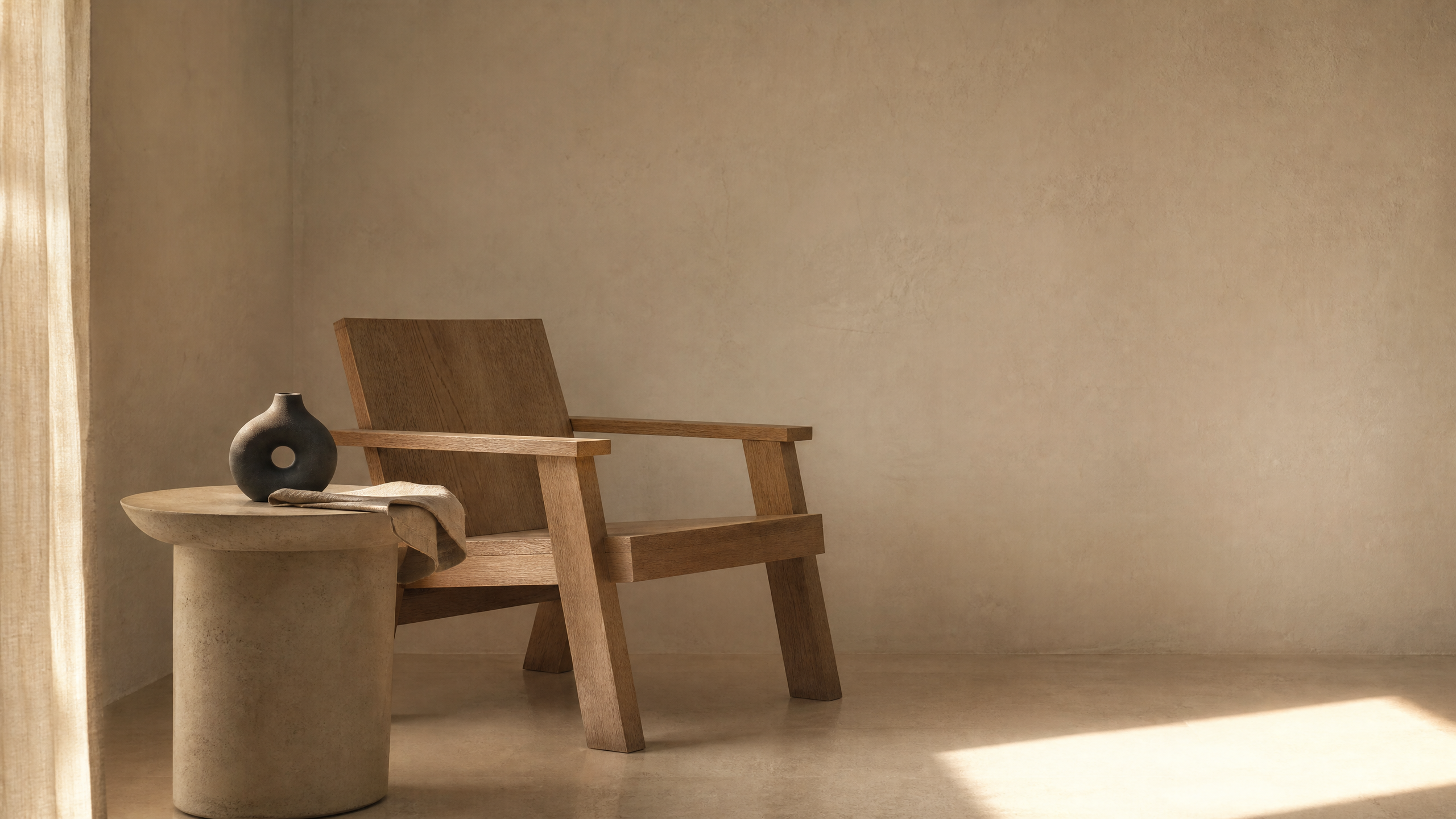 A warm, light-filled interior with a chair, a table and a few unbranded objects arranged with generous space.