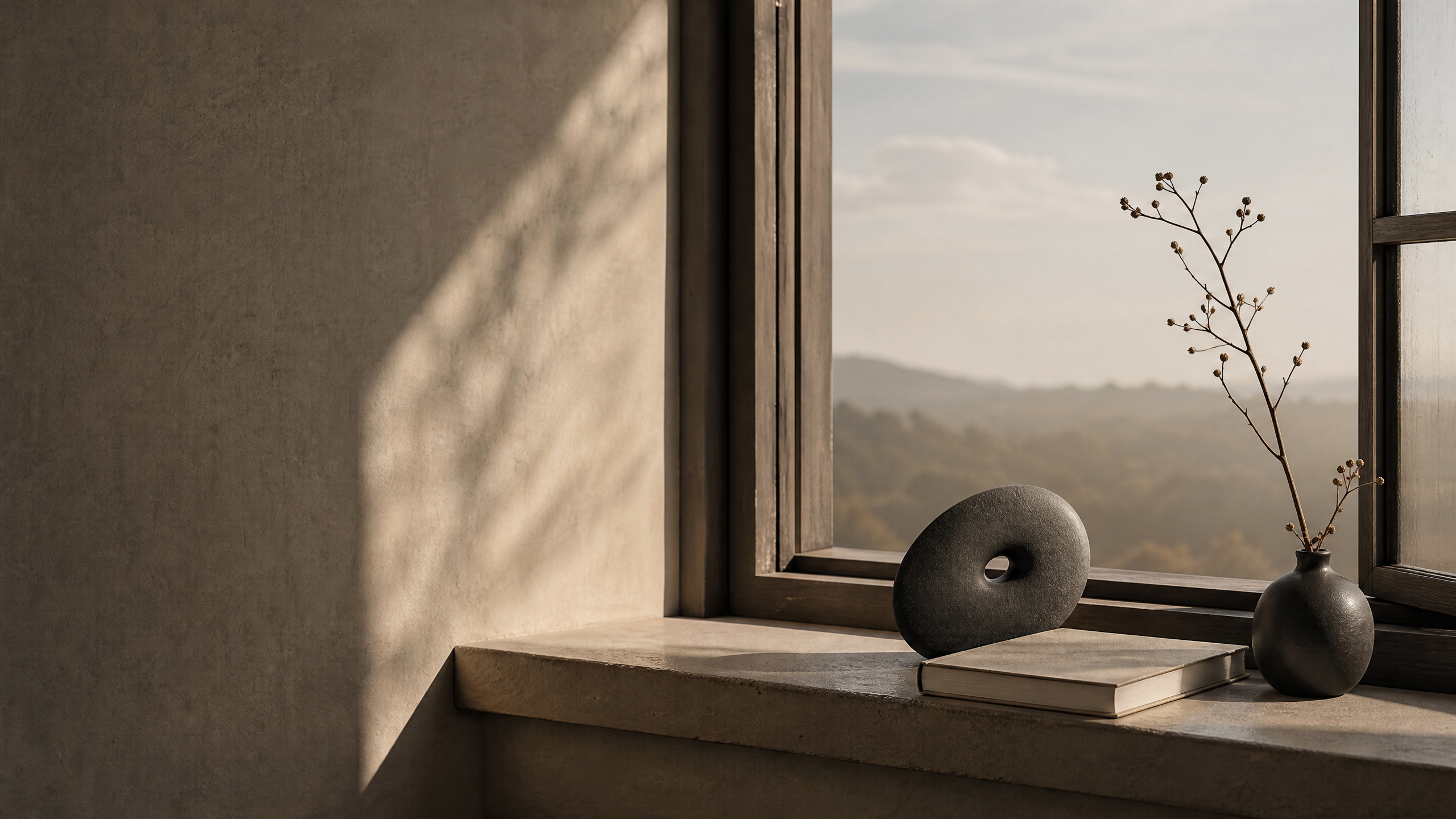A warm window-side shelf with a single unbranded object, soft daylight and an open view beyond.