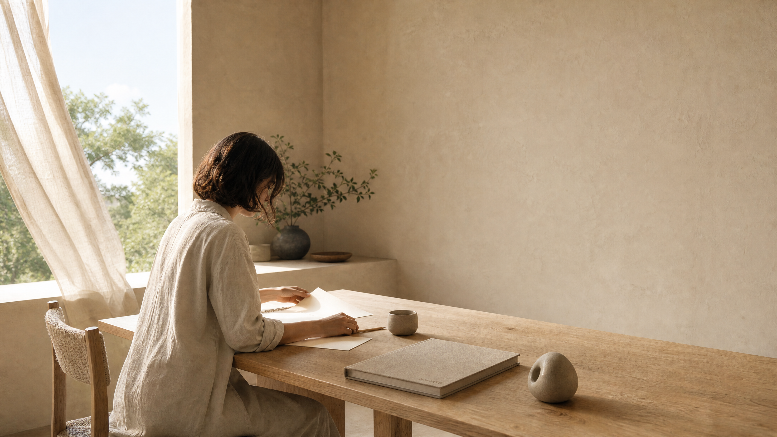 An anonymous figure at a sunlit table with blank paper, soft shadow and an unbranded abstract object.